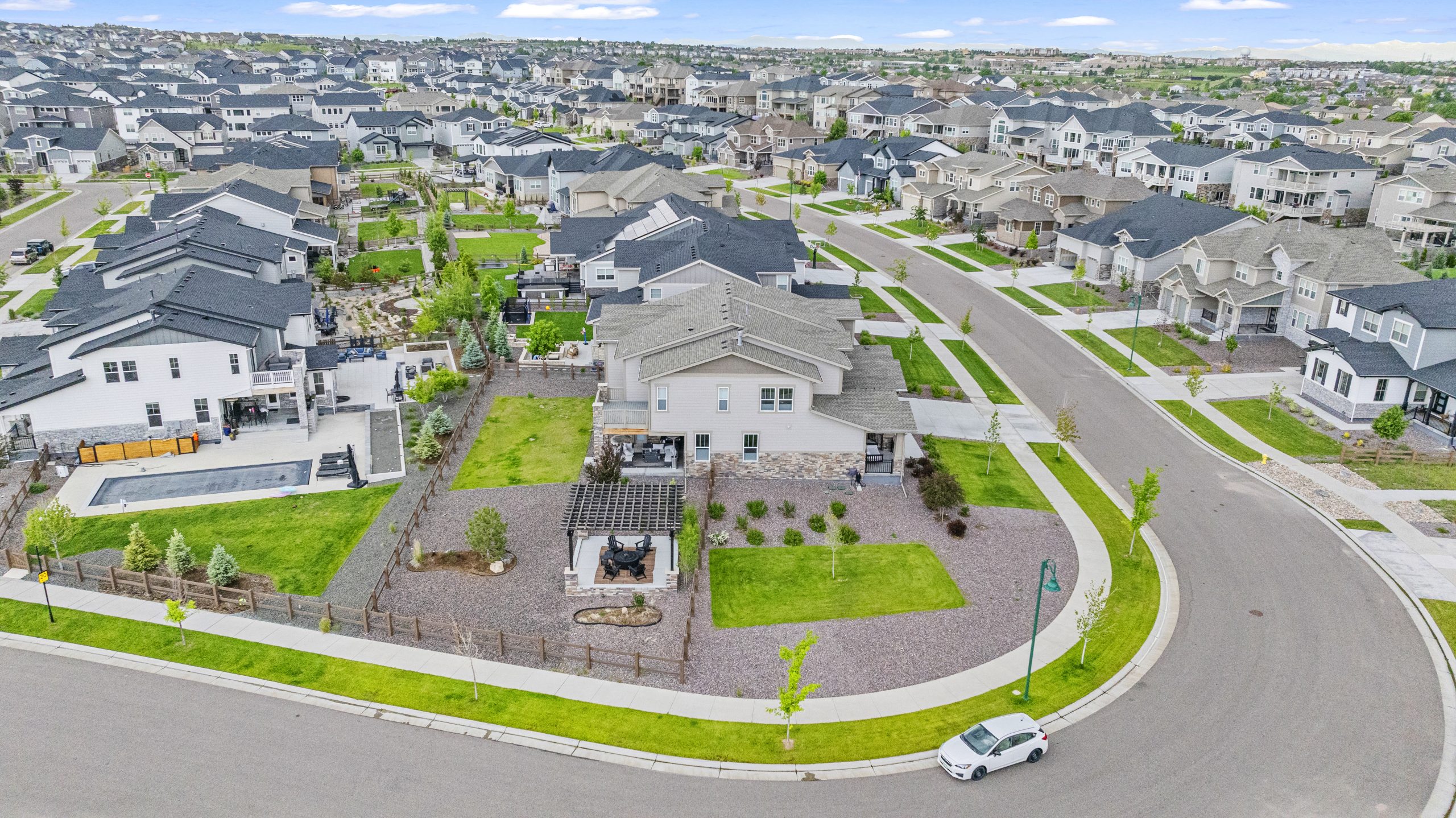 Overhead shot highlighting backyard pergola and pool area